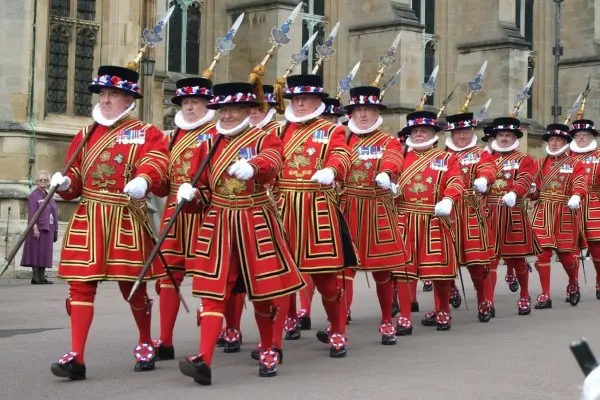 Yeoman Warders marching at the tower of London.